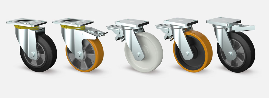 Castors with pressed or arc-welded housings suitable for industrial use, heavy and extra heavy load capacities