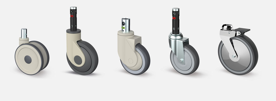 Single and twin wheel castors in different materials, for hospital beds, homecare, community beds and Reha use