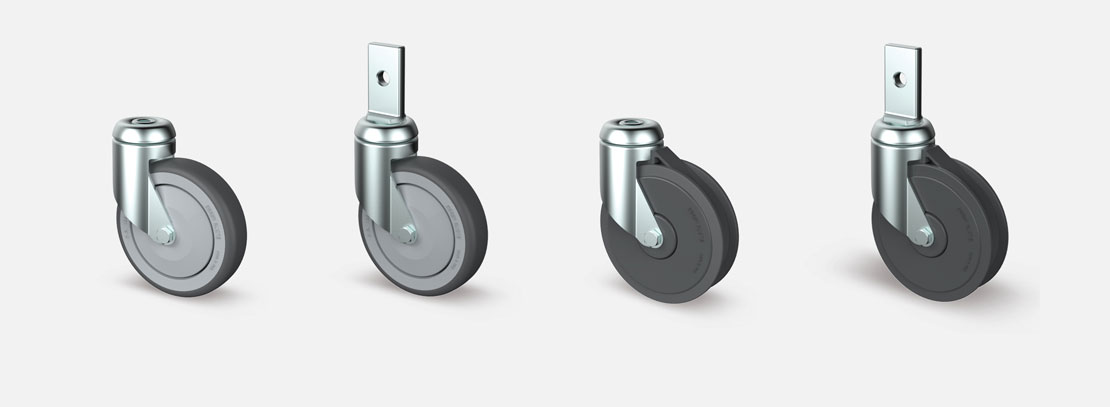 Castors for shopping carts, both traditional or travelator-type